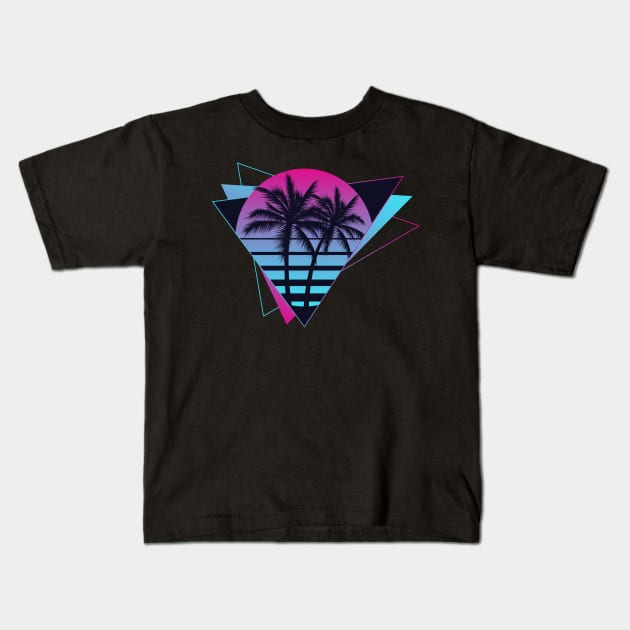 Retro 80s 90s Vaporwave Aesthetic Palm Trees Sunset Kids T-Shirt by Violette Graphica